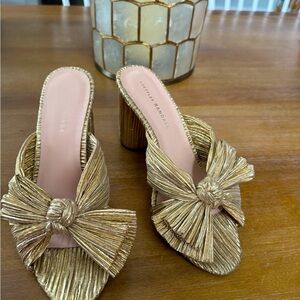 Loeffler Randall Gold Penny Pleated Bow Heels